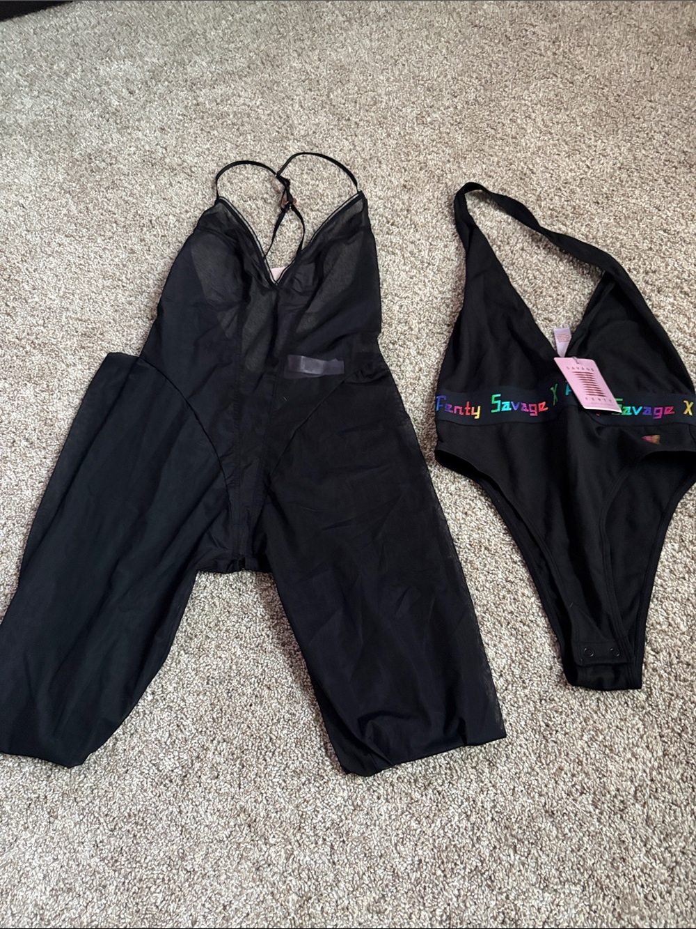 Set of 2Savage X Fenty Black Mesh Bodysuit and Black Logo-Trim Shapewear Set